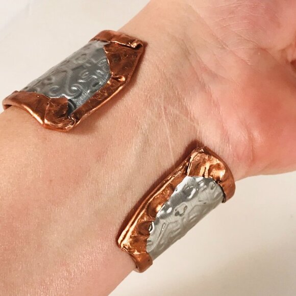 Wintery Snowflake Wide Cuff Bracelet Copper Silver Handmade Holiday Gift Boho - Picture 4 of 7